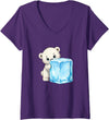 Cute Polar Bear Ice Cube Cartoon Arctic Women's Kawaii Baby Polar Bear Hugging Big Ice Cube V-Neck T-Shirt - Purple