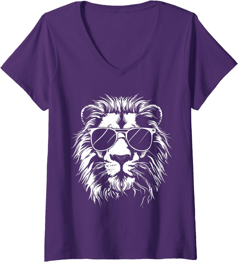 Älion. Womens Lion Sunglasses Graphic V-Neck T-Shirt - Purple