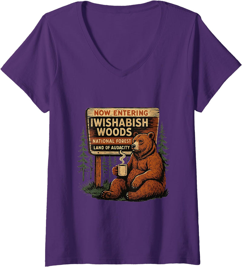 Funny Bear Woods Vintage Art Women's I Wish A Bish Woods Funny Bear Vintage Design V-Neck T-Shirt - Purple