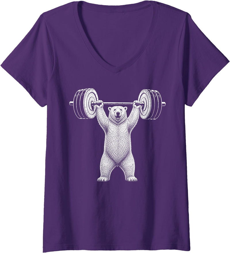 Funny Polar Bear Fitness Meme Women's Polar Bear Gym Deadlift Workout Weightlifting V-Neck T-Shirt - Purple
