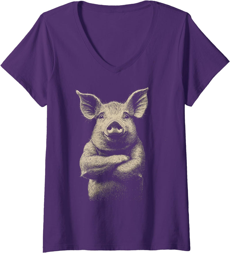 DesignerZoo by FarmThreads Womens A Pig On A V-Neck T-Shirt - Purple