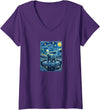 Cute Polar Bear Van Gogh Style Starry Design Women's Cute Polar Bear Van Gogh Style Starry Night Graphic V-Neck T-Shirt - Purple