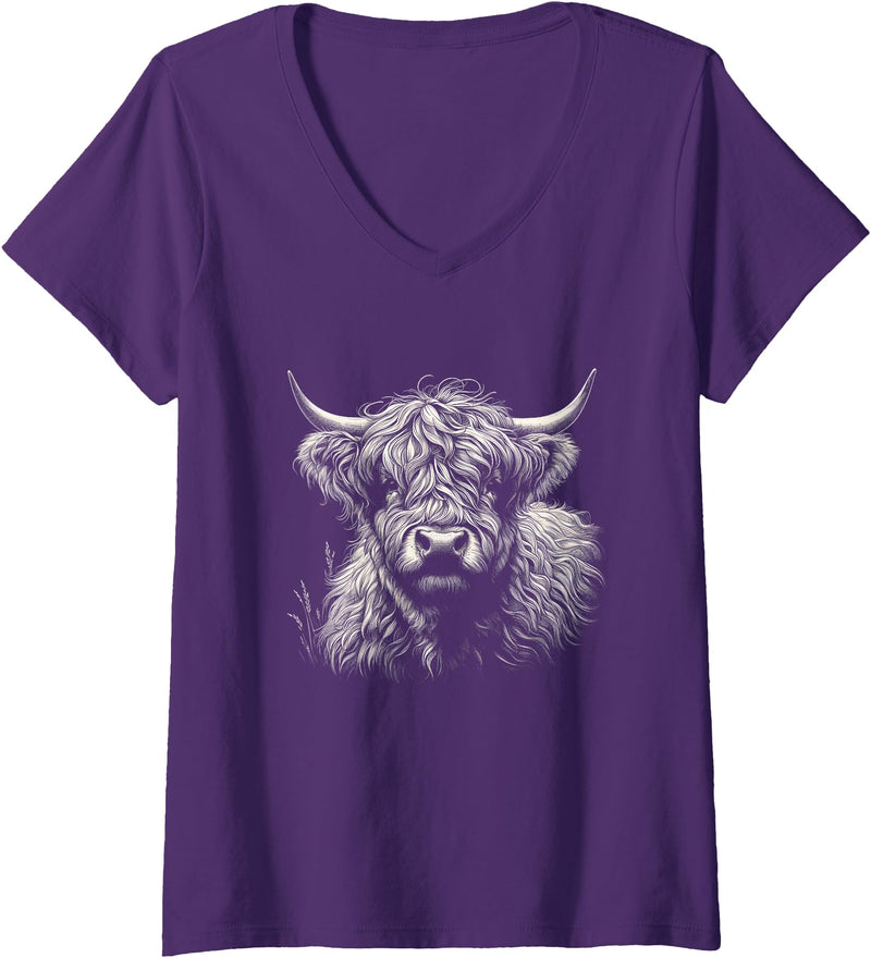 Highlander Cow Lover Theme Designs Womens Vintage Scottish Highland Cow Face Graphic Cattle Art Design V-Neck T-Shirt -