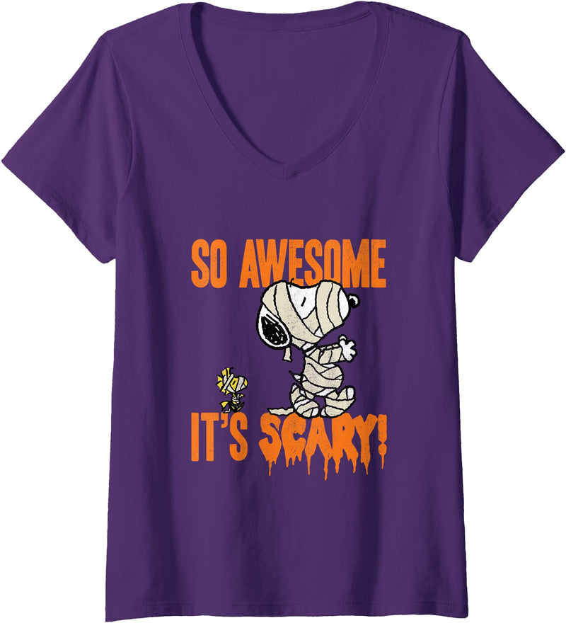 Womens Peanuts Halloween Snoopy Scary Mummy V-Neck T-Shirt - Purple