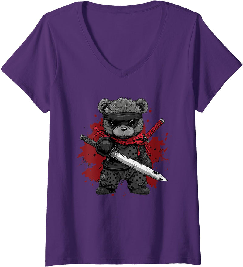 dark teddy bear love Womens Ninja Teddy Bear V-Neck T-Shirt - Purple