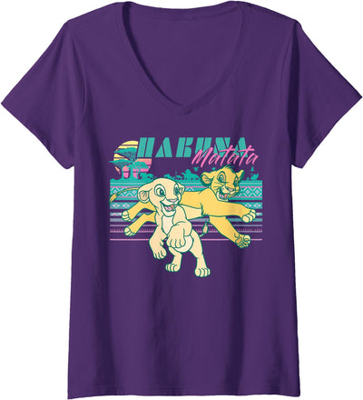 Womens Disney Lion King Retro Simba & Nala 90s Hakuna Matata V-Neck T-Shirt