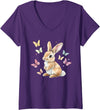Womens Cute Easter Bunny Rabbit Butterfly V-Neck T-Shirt in Purple