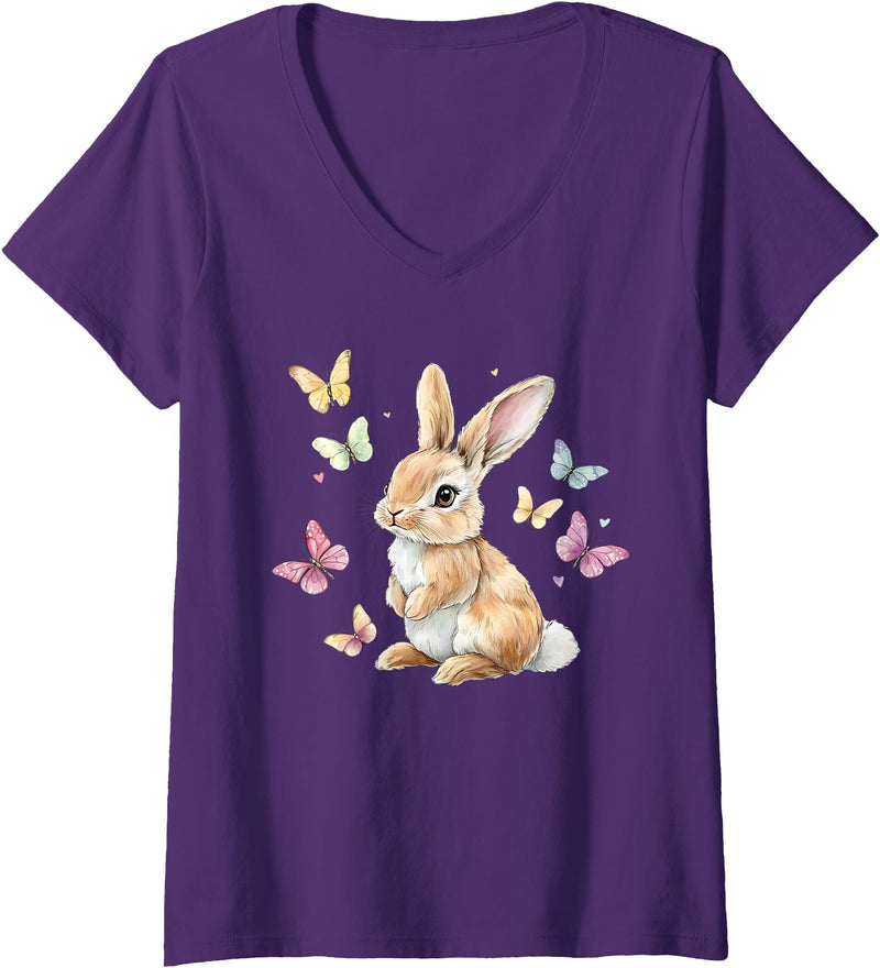 Womens Cute Easter Bunny Rabbit Butterfly V-Neck T-Shirt in Purple