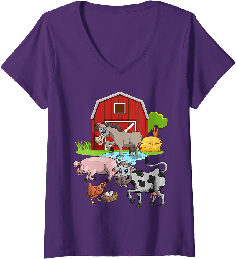 Farmer Funny Farm Animal Lover Gift Womens Donkey Pig Chicken Cow Agriculture Farm Animal V-Neck T-Shirt - Purple