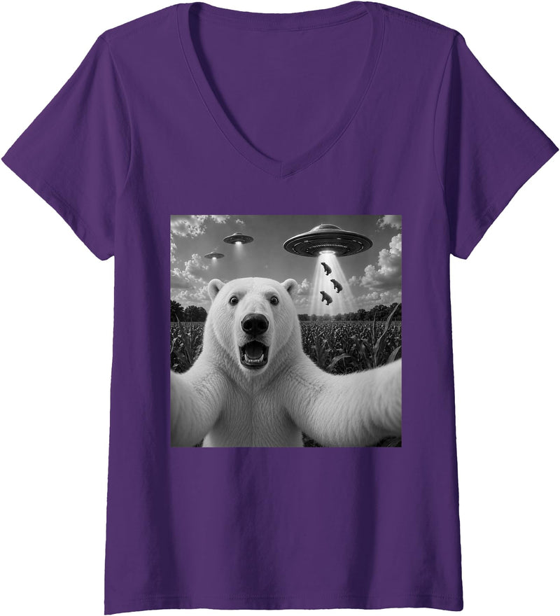 Retro Polar Bear Selfie with UFOs Meme Women's Polar Bear Selfie with UFO Alien Funny V-Neck T-Shirt - Purple