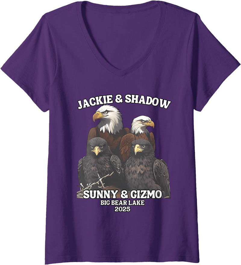 Jackie and Shadow Bald Eagle Family Tee Womens Jackie And Shadow Sunny And Gizmo Big Bear Lake 2025 V-Neck T-Shirt - Purple