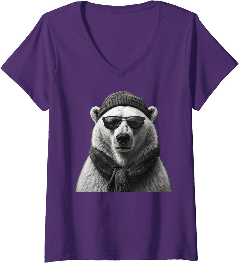 Polar Bear Enthusiast Women's Polar Bear in Sunglasses Monochrome Illustration V-Neck T-Shirt - Purple