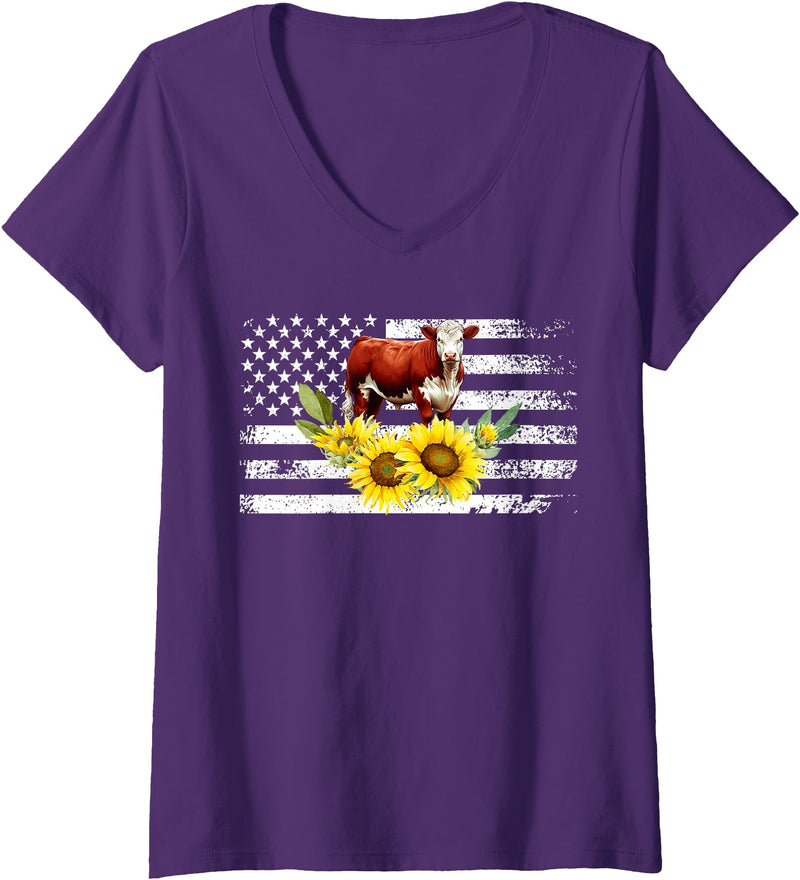 Proud Hereford Cow Boy Hereford Cow Girl Womens Hereford Cow US Flag Hereford Cow Lover Hereford Cattle V-Neck T-Shirt -