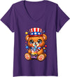 Kawaii Red White and Blue Fourth July Little Kids Women's Cute Teddy Bear Patriotic 4th July Gift Bubble Boba Tea USA V-Neck T-Shirt - Purple
