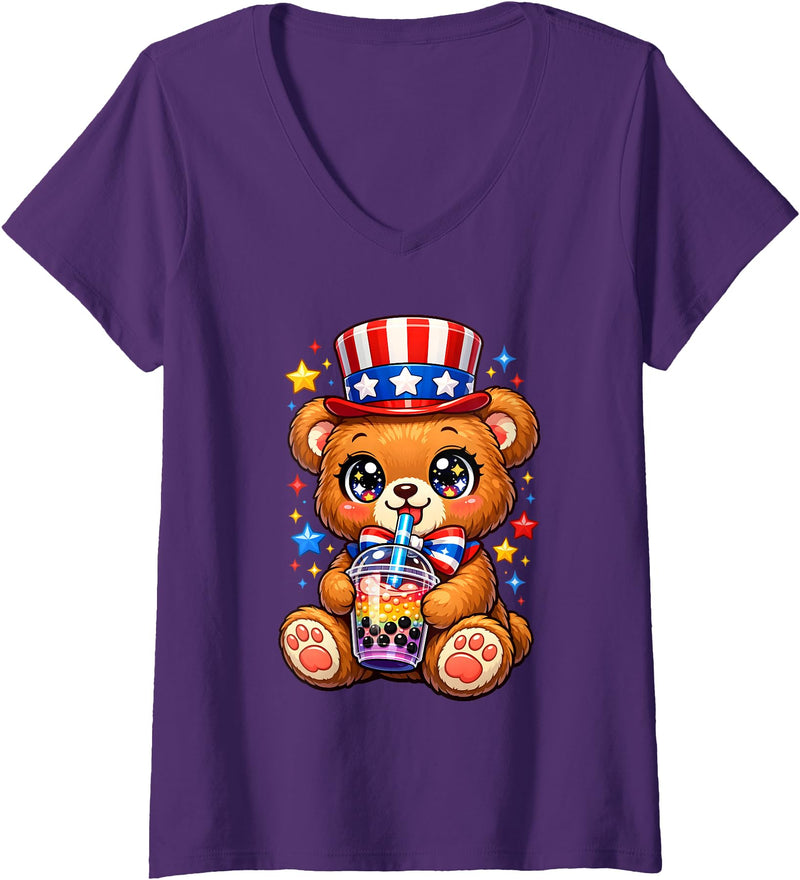 Kawaii Red White and Blue Fourth July Little Kids Women's Cute Teddy Bear Patriotic 4th July Gift Bubble Boba Tea USA V-Neck T-Shirt - Purple