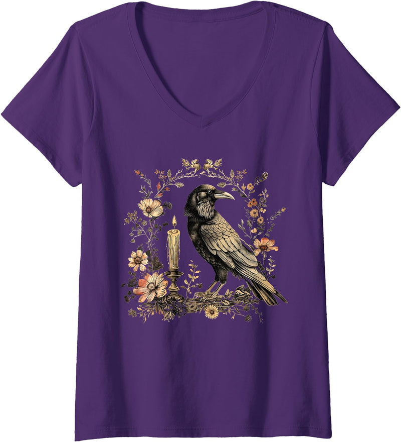 Witchy Vibes Womens Raven V-Neck T-Shirt - Purple