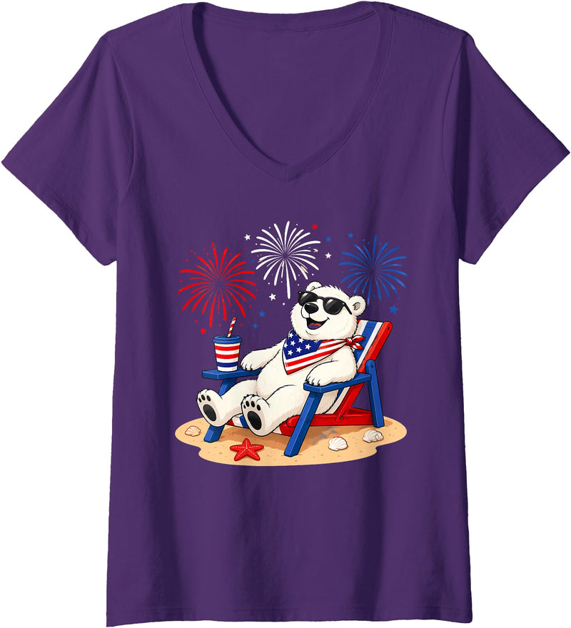 Polar Bear Patriotic Happy Beach Paws Co Women's 4th of July Polar Bear Happy Beach Patriotic Animal Lovers V-Neck T-Shirt - Purple