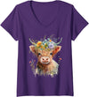 From Dyzamora Womens Super Cute Watercolor Baby Highland Cow - Adorable V-Neck T-Shirt - Purple