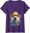 Whimsical Coastal Animals Beachgoers Women's Cute Polar Bear with Sunglasses and Straw Hat Animal Summer V-Neck T-Shirt - Purple