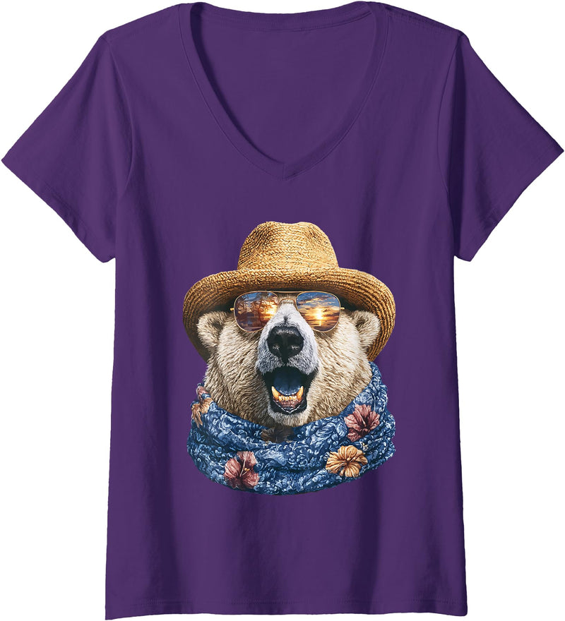 Whimsical Coastal Animals Beachgoers Women's Cute Polar Bear with Sunglasses and Straw Hat Animal Summer V-Neck T-Shirt - Purple