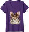 Women's Cute Bunny Rabbit Face Leopard Coquette Bow V-Neck T-Shirt in Purple