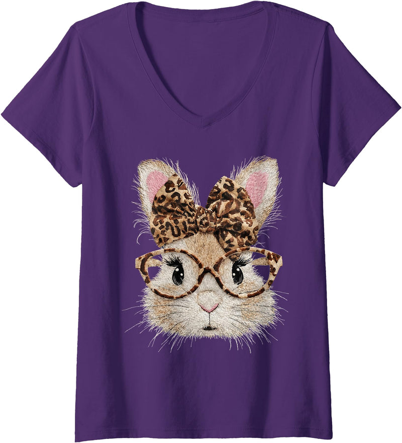 Women's Cute Bunny Rabbit Face Leopard Coquette Bow V-Neck T-Shirt in Purple