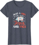 Pig Lovers Gifts and Apparel Just A Girl Who Loves Jesus and Pigs Pig Lover Christian T-Shirt - Heather Blue