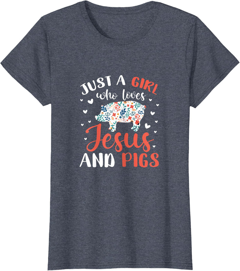 Pig Lovers Gifts and Apparel Just A Girl Who Loves Jesus and Pigs Pig Lover Christian T-Shirt - Heather Blue