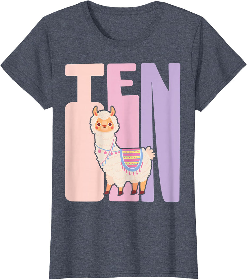 Retro Llama Alpaca Themed Girls Birthday Designs 10th Birthday Girl Cute Llama Alpaca 10 Years Old T-Shirt - Heather Blue