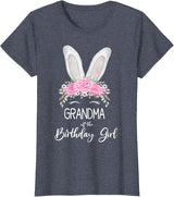 Grandma of the Birthday Girl"- Family Bunny Rabbit Birthday T-Shirt in Heather Blue