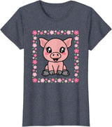 EDILILU Cute Pig Kawaii Pig Lover Piglet Women Girls T-Shirt - Heather Blue