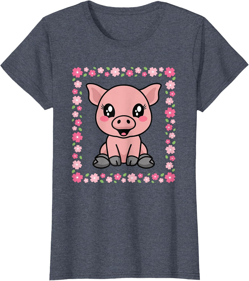 EDILILU Cute Pig Kawaii Pig Lover Piglet Women Girls T-Shirt - Heather Blue