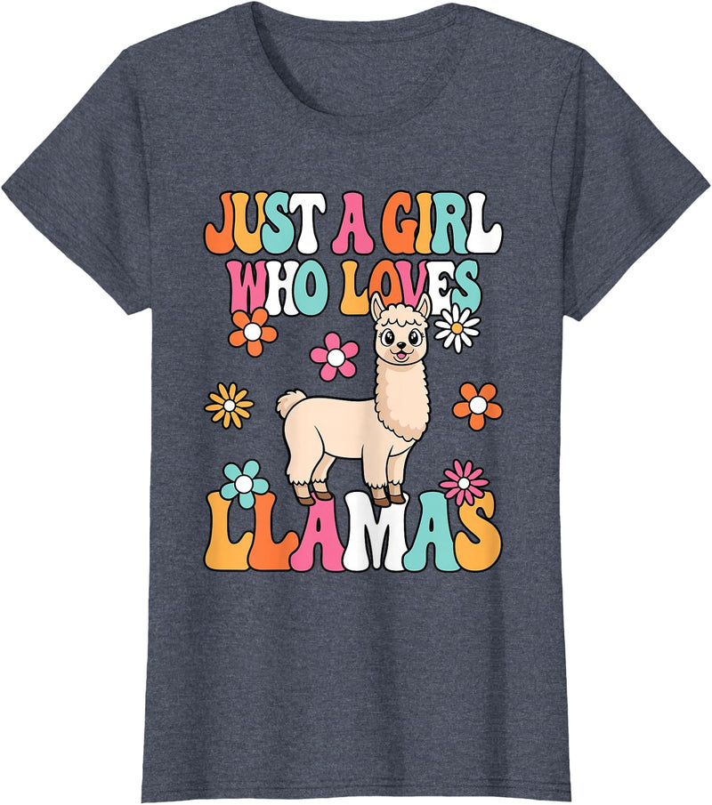 BALARI Just A Girl Who Loves Llamas Cute Groovy Alpaca Llama Kids T-Shirt - Heather Blue