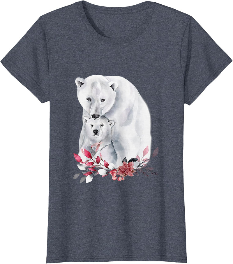 Mama Polar Bear and Baby Cub for Girls and Women T-Shirt - Heather Blue