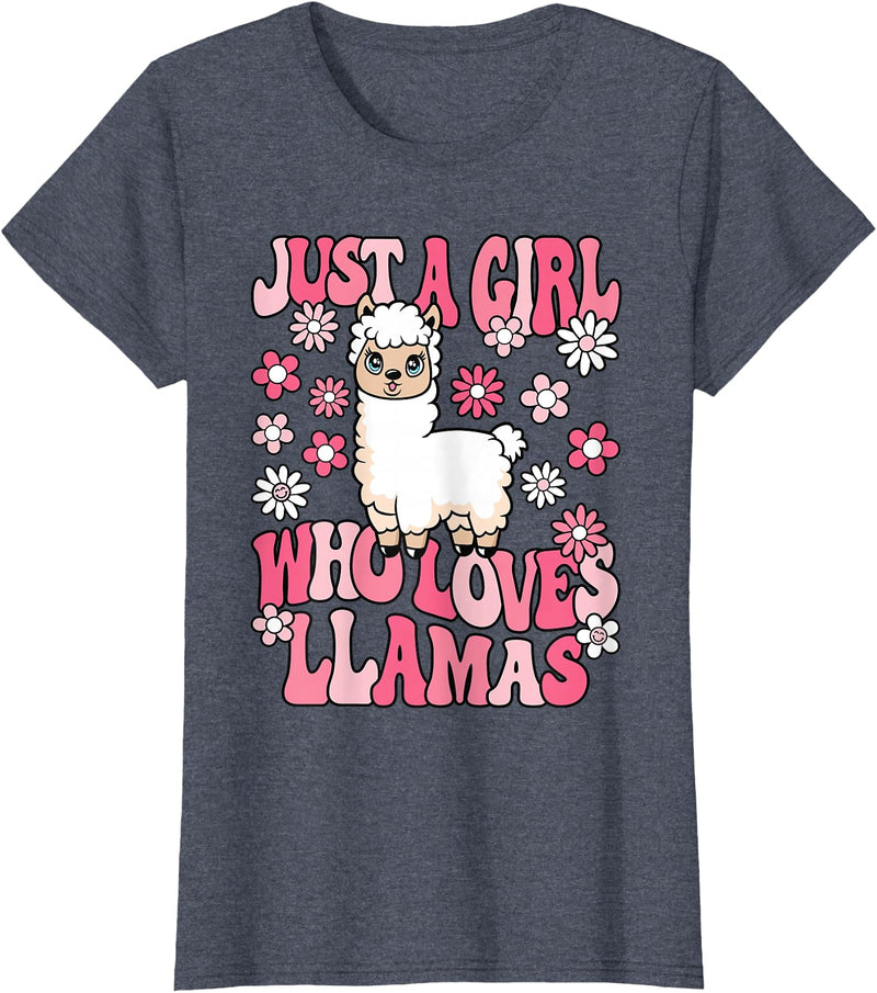 KATYLIN Just A Girl Who Loves Llamas Llama Lover Girls Kids T-Shirt - Heather Blue