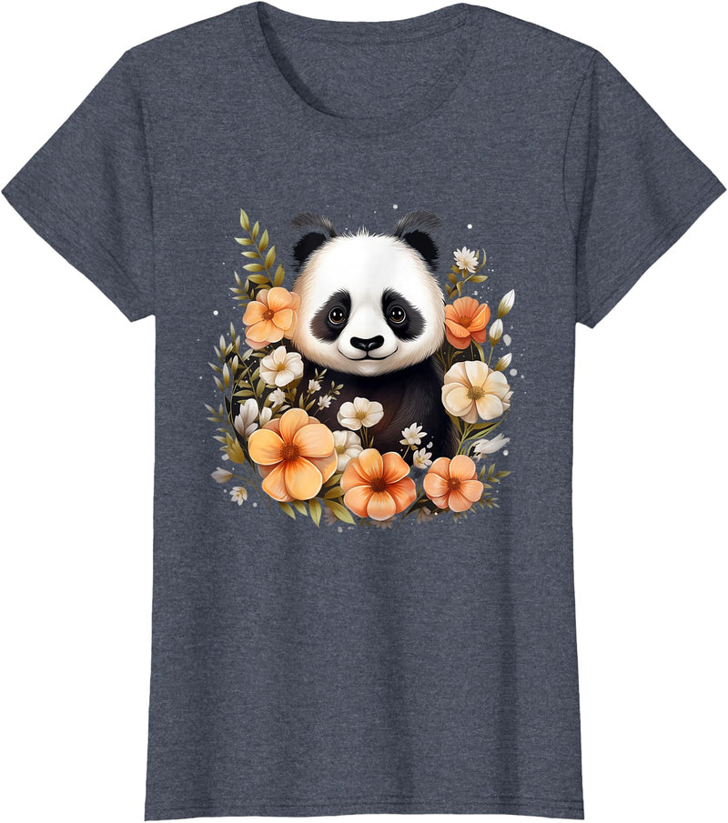 Floral Panda Bear Panda Bear Flowers Floral Girls Kids Funny Cute Panda Lover T-Shirt - Heather Blue
