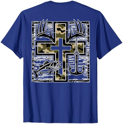 Camo Cross Fishing Faith Christian 2 Sided Hunting Fishing Cross Camo Faith Christian Fisherman Hunter T-Shirt - size chart