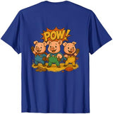 Three Hero Pigs Storytime Legends Bad Wolf in personalized costume 3 Pigs on the back T-Shirt - size chart