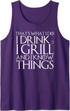 Funny BBQ Garden Meat Grilling Bear Drinking Shirt THAT'S WHAT I DO I DRINK & I GRILL AND I KNOW THINGS Design Tank Top - Purple