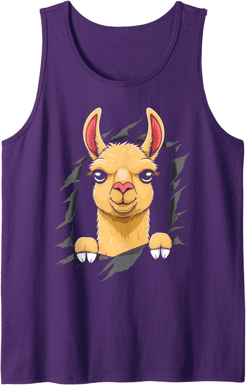 Llama looks from torn fabric Cute llama torn fabric funny llama lovers kids women men Tank Top - Purple