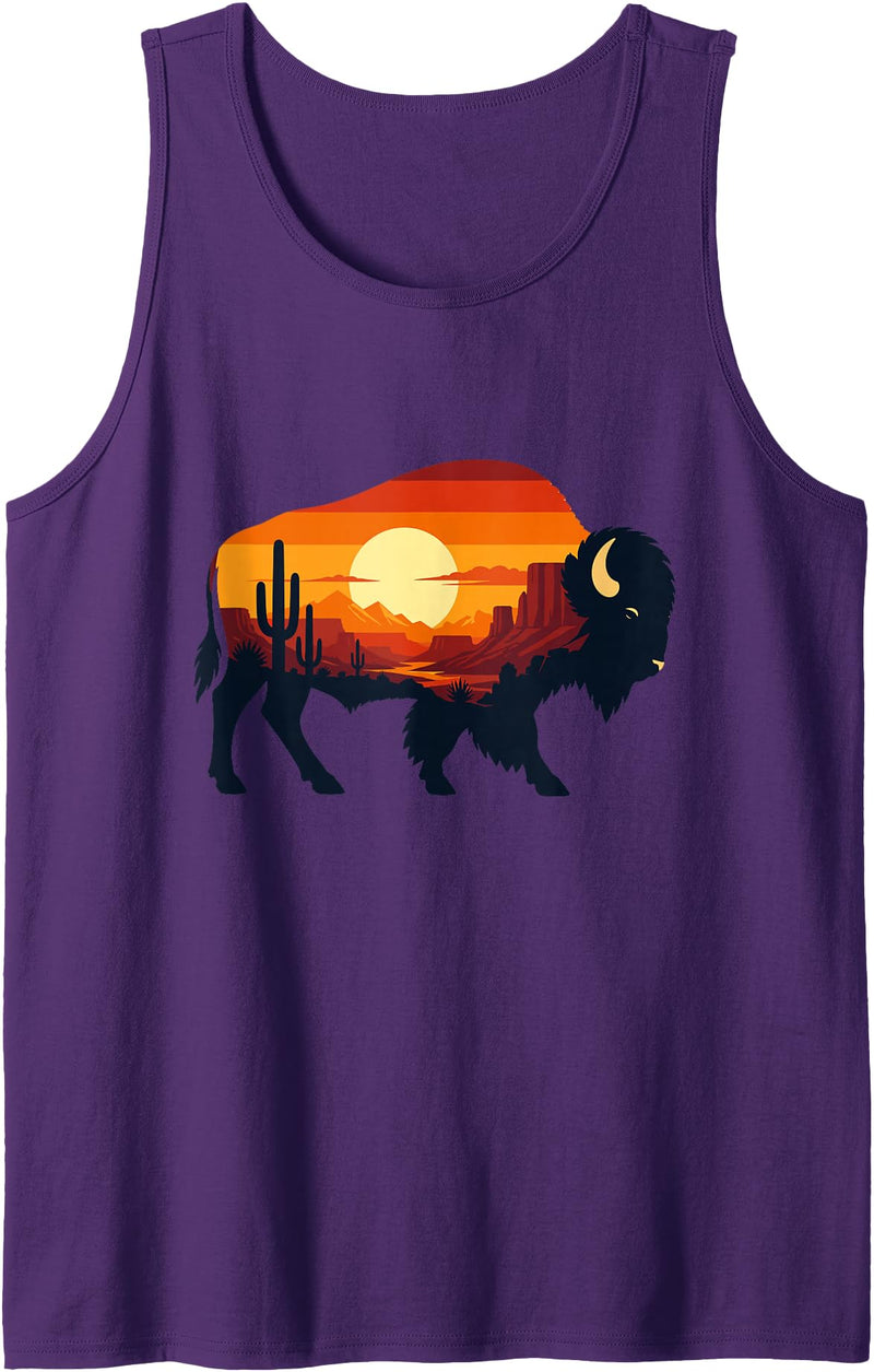 Wild Bison Sunset Desert Landscape Nature Desert Buffalo Silhouette Cactus Sunset Scene Tank Top - Purple
