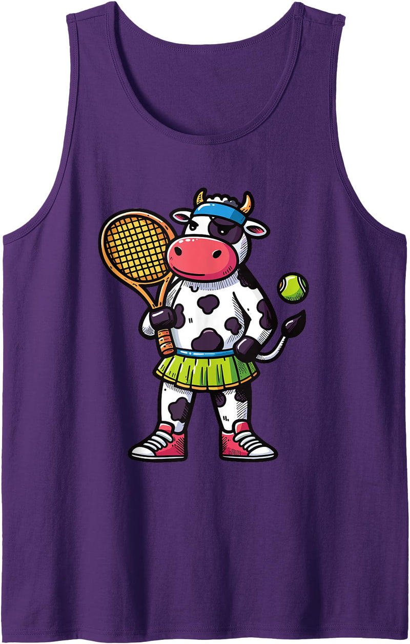 Cow Tennis Racket Ball Player Playing Tennis Cow Tennis Club Animals Sport Tournament Tank Top - Purple