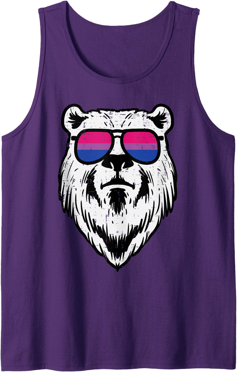 Bisexual Bi Pride Stuff Men Women Gifts Bear Face Bisexual Sunglasses Bi Pride Flag LGBTQ Men Women Tank Top - Purple