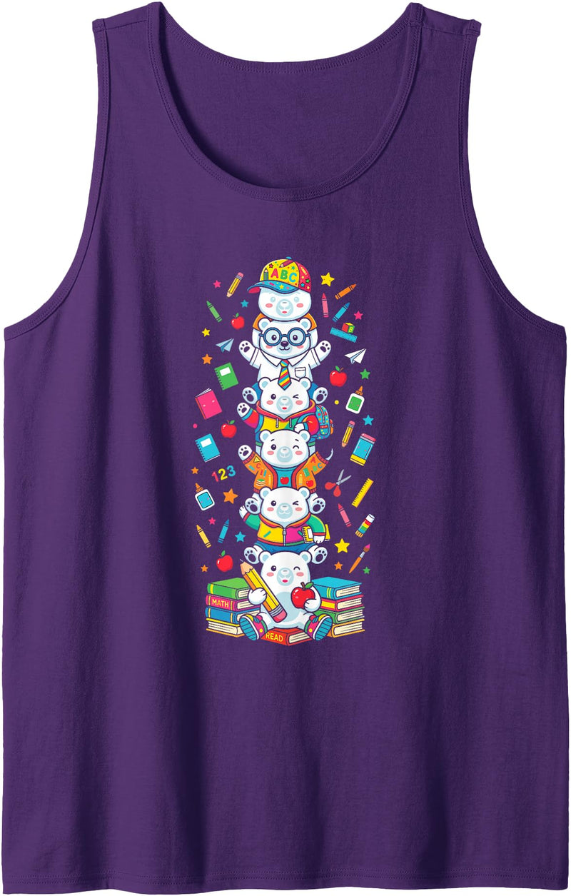 Polar Bear First Day of School Costume Boy Girl Polar Bear Back to School Teacher Student Women Men Kid Tank Top - Purple