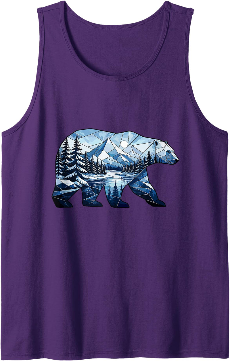 Wild Bear Mountain Forest Nature Landscape Geometric Polar Bear Winter Mountain Scene Tank Top - Purple
