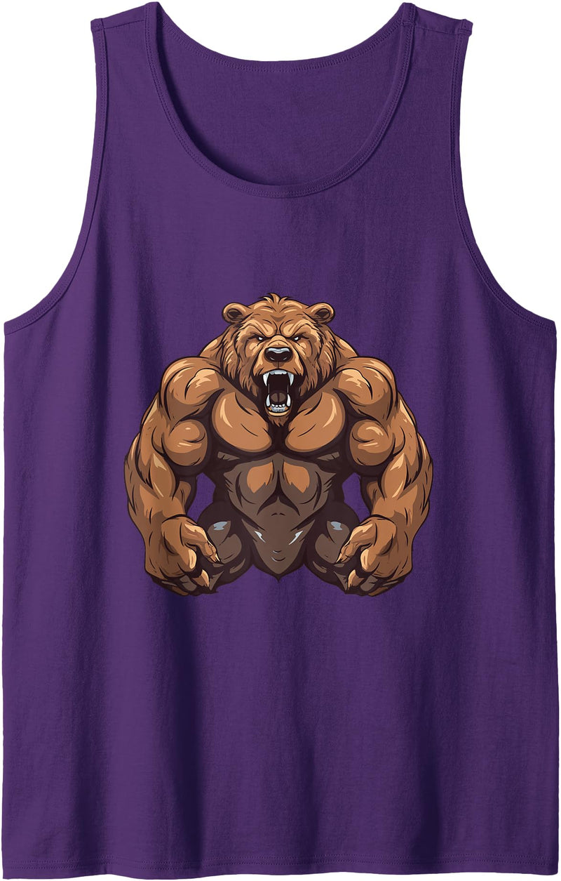 Workout Power Mood Inc Grizzly Bear WIth Muscles Workout Gym MMA Fighter Tank Top - Purple