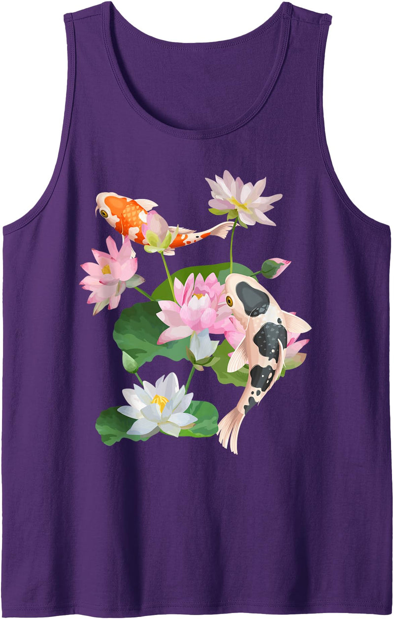 Koi Fish Unlimited Japanese Koi Carp Nishikigoi Fish Water Lilies Pads Tank Top - Purple