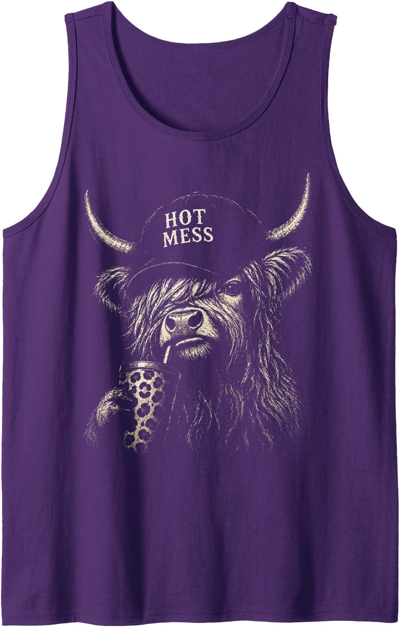 Hot Mess Highland Cow Funny Cute Coffee Lover Hot Mess Leopard Highland Cow Coffee Farm Animal Lover Tank Top - Purple