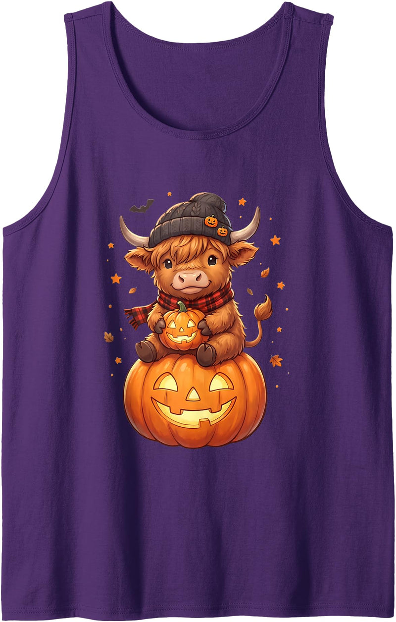 Spooky Highland Moo Crew Women Girls Tees Highland Cow Halloween Cute Pumpkin Autumn Womens Girls Tank Top - Purple