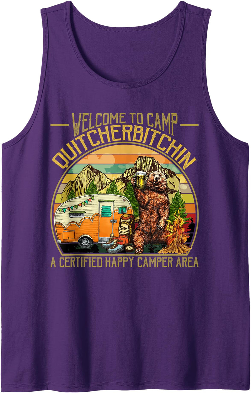 Funny Camping Bear Drinking Beer Design Welcome to Camp Quitcherbitchin Funny Camping Retro Sunset Tank Top - Purple